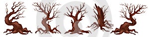Dead tree vector set, spooky autumn bark, dry naked branch silhouette, scary halloween forest.