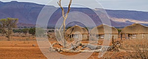 Dead tree at a waterhole, background thatched roof house at the Namib Naukluft National Park