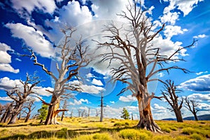 Dead trees against a contrasting blue sky photo