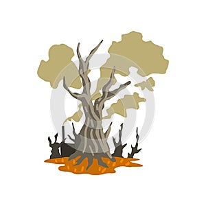 Dead trees and toxic waste dump, ecological disaster, environmental pollution concept, vector Illustration on a white