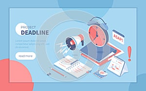 Deadline Asap. Time limit and control. Effective business, time planning and management. Red alarm clock, screaming megaphone.