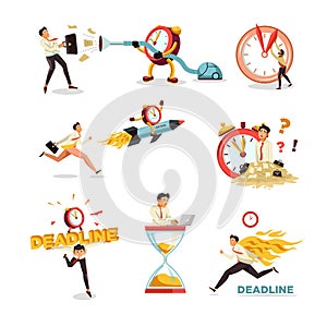 Deadline clock and hourglass businessman time delay isolated icons