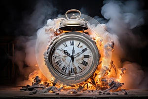 Deadline concept. Burning alarm clock with smoke and fire. Time management, time management, circadian rhythm disorder