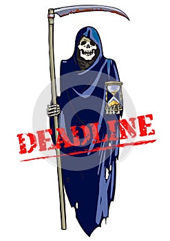 Deadline concept. Cartoon Death with scythe and hourglass. Vector.