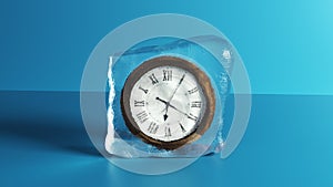 Deadline concept. Clock inside an ice cube