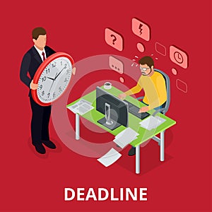 Deadline Concept of overworked man. Flat 3d vector isometric illustration.