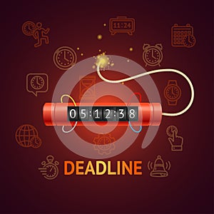 Deadline Concept with Realistic Detailed 3d Red Detonate Dynamite Bomb. Vector photo