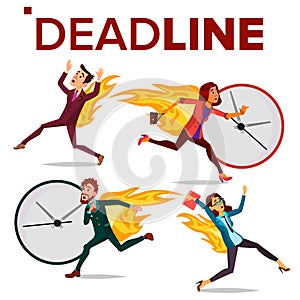 Deadline Concept Set Vector. Office People. Running Business Man, Woman. Workload Deadline Disasters. Mess And Deadline