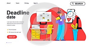 Deadline date concept for landing page template. Worried employee holds phone with timer, deadline for task. Work stress people
