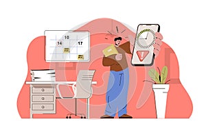 Deadline date concept. Worried employee holds phone with timer, deadline for task situation. Work stress people scene. Vector