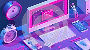 The deadline isometric web banner shows a computer desktop with a browser screen, an alarm clock, a notepad, and a