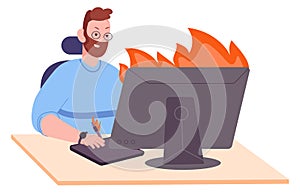 Deadline job. Man working on burning computer