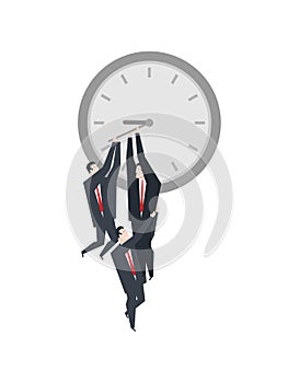 Deadline managers hang on Clock hand. Concept of stop time to solve work tasks. Shortage in project time. Stop time