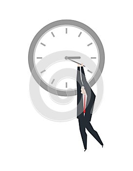 Deadline managers hang on Clock hand. Concept of stop time to solve work tasks. Shortage in project time. Stop time