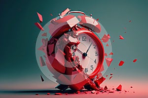 Deadline, stopped time concept with a broken red alarm clock flying to pieces. Created with Generative AI technology