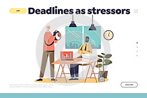 Deadline stressor concept of landing page with angry boss standing at frustrated worker