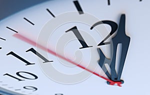 Deadline and time concept. Close up view on clock showing twelve hours. 3D rendered illustration