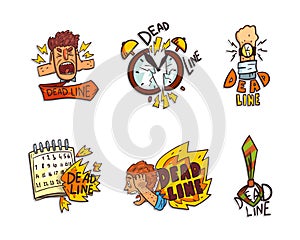 Deadline and Time Limit Labels with Screaming Man, Tie, Broken Clock and Calendar Vector Set