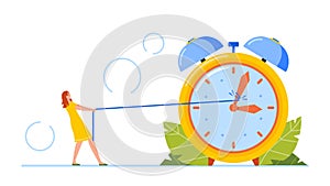 Deadline, Time Management Business Concept with Tiny Office Woman Pull Arrows of Huge Alarm Clock Trying To Stop Time