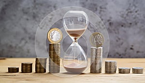 Deadline and time is money concept with hourglass and British coin currency