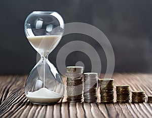 Deadline and time is money concept with hourglass and British coin currency