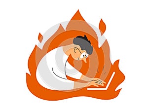 Deadline work vector illustration with Office employee man sitting in fire working on laptop hurrying end project in burning flame