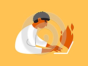 Deadline work vector illustration with office employee man working on laptop doing urgent burning task