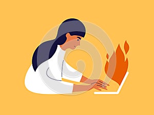 Deadline work vector illustration with office employee woman working on laptop doing urgent burning task