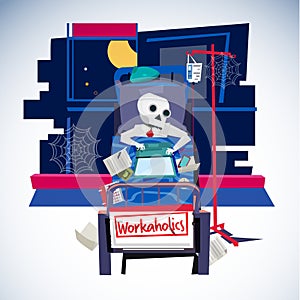 Deadly businessman working on hospital bed. work hard. workaholic - vector