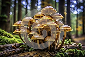 Deadly Galerina Marginata Mushrooms A Macroscopic Exploration of a Toxic Forest Fungi on Rotting Wood photo