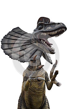 Deadly and hungry dilophosaurus with open crest isolated on white background photo