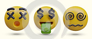 Deadly surprise, mouth full of money, dizziness. Set of yellow 3D emoticons for web design