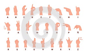 Deaf language. Deaf-mute alphabet hand signs for inclusive people communication, teaching gestures letters signal