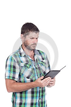 Deaf man with e-reader