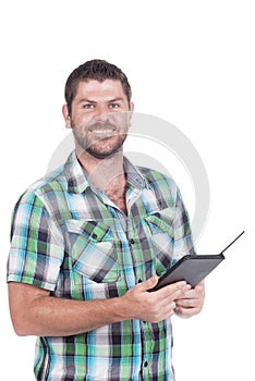 Deaf man with e-reader