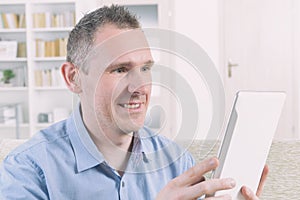 Deaf man using sign language on the tablet