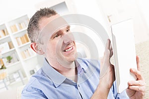 Deaf man using tablet