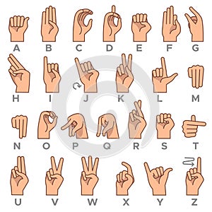 Deaf-mute language. American deaf mute hand gesture alphabet letters, asl vector symbols