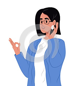 Deaf mute young woman on white background. An adult learns sign language for the deaf disabled.