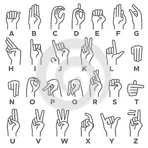 Deaf-mutes hand language. Learning alphabet, nonverbal deaf-mute communication, expressiveness asl gestures line vector