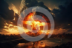 Deafening Nuclear explosion dramatic scene. Generate Ai