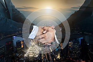 Deal or agreement business concept, handshake double exposure, c