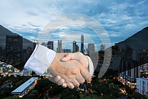 Deal or agreement business concept, handshake double exposure, c