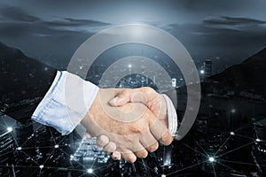 Deal or agreement business concept, handshake double exposure, c