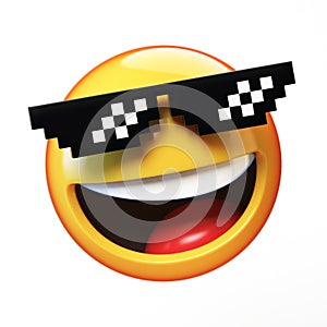 `Deal with it` emoji isolated on white background, emoticon with pixelated sunglasses 3d rendering, photo