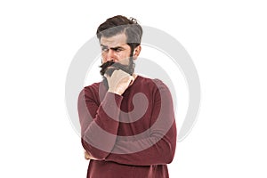 deal with problem. need time to think. human mood expressions. thoughtful man touch his beard. bearded hipster is