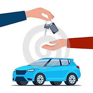 Dealer hand giving keys chain to a buyer hand. Blue modern Suv car, side view. Buying or renting a car. Vector illustration