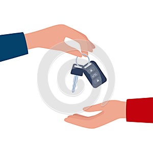 Dealer hand giving keys chain to a buyer hand. Buying or renting a car. Vector illustration