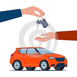 Dealer hand giving keys chain to a buyer hand. Red modern Suv car, side view. Buying or renting a car. Vector illustration