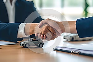 Dealer and new car owner handshake after concluding a deal. Concept of car dealerships, used cars, car sale and rent